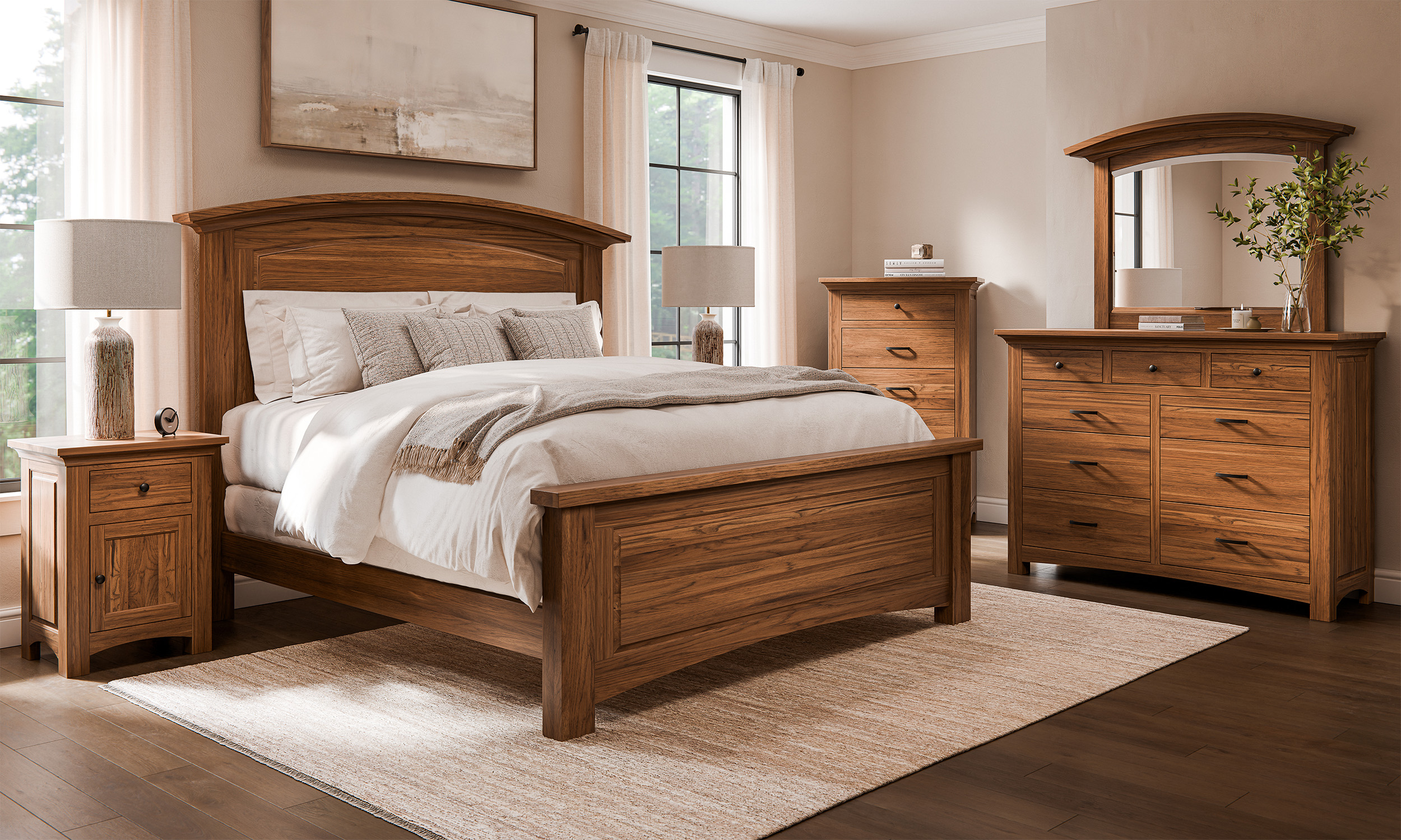 Solid wood bedroom furniture set with panel bed, nightstand, dresser, and mirror